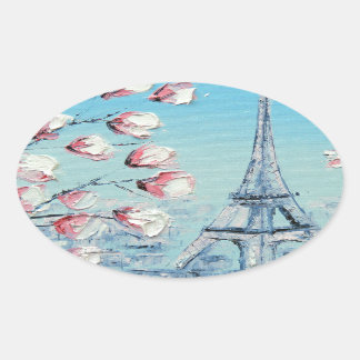 ris Lente schilderij, Eiffeltoren Kersenbloesems Ovale Sticker