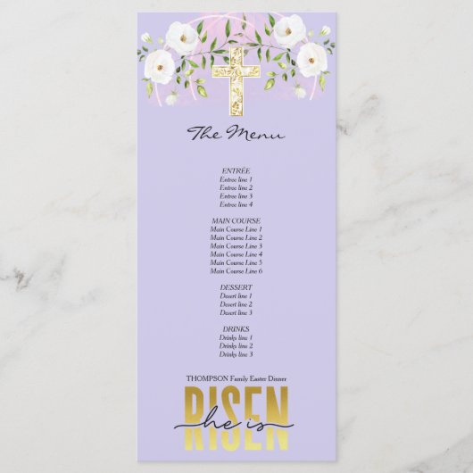 Risen Religieus Christelijk Quote Lavendel Pasen Menu (Voorkant)