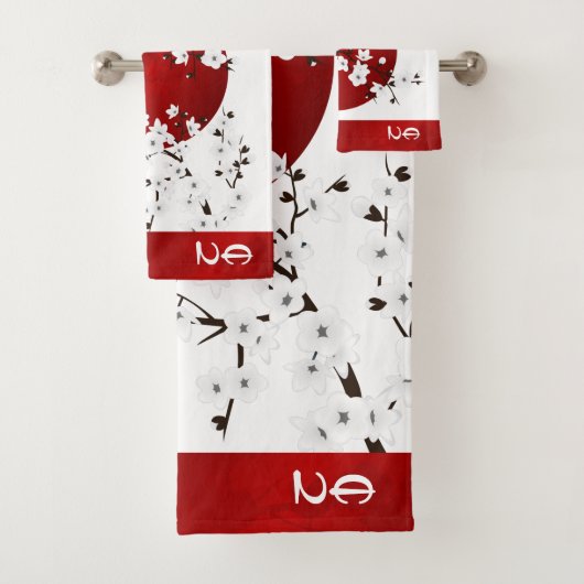 Rising Sun Cherry Blossom | Rood wit monogram Bad Handdoek (Insitu)