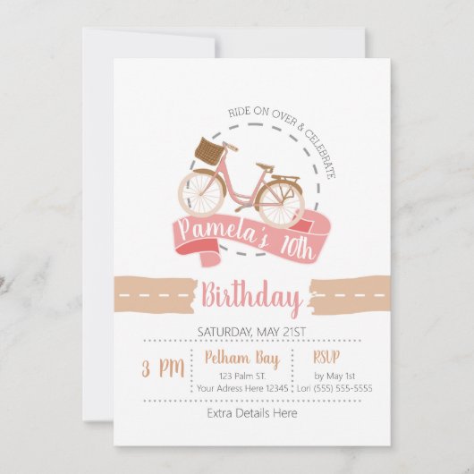 Rit op over fiets verjaardag uitnodiging | roze (Voorkant)