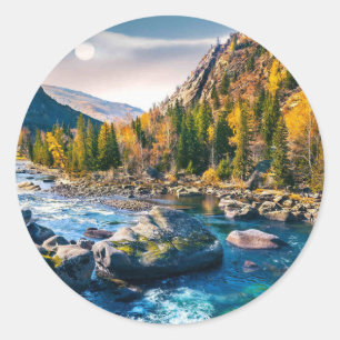 River and Mountains Schilderachtig foto Ronde Sticker