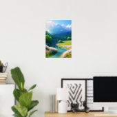 River, Flowers en Cloudy Mountains Poster (Thuiskantoor)