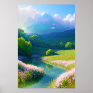 River, Flowers en Cloudy Mountains Poster