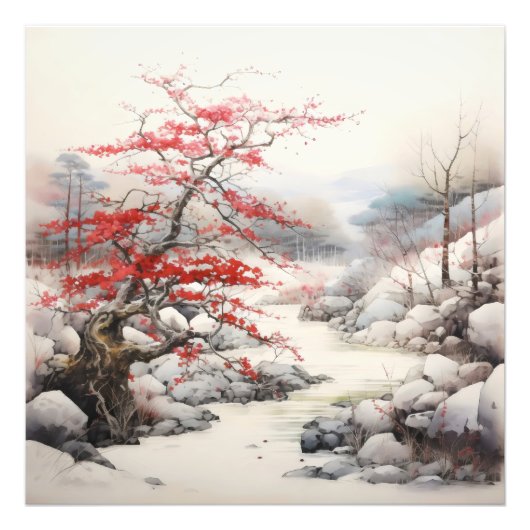 River Red Tree Ink Painting Foto Afdruk (Voorkant)