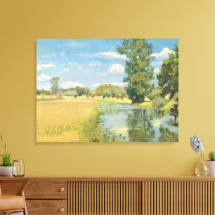 Rivier door een oogstlandschap, zomer canvas afdruk