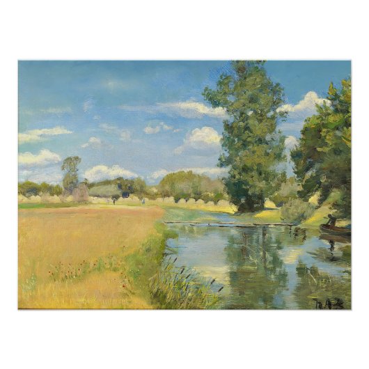 Rivier door een oogstlandschap, zomer perfect poster (Voorkant)