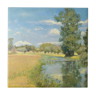 Rivier door een oogstlandschap, zomer tegeltje