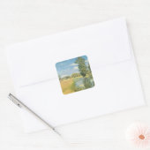 Rivier door een oogstlandschap, zomer vierkante sticker (Envelop)