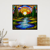 Rivier in een bos bij zonsondergang poster (Keuken)