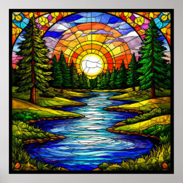 Rivier in een bos bij zonsondergang poster