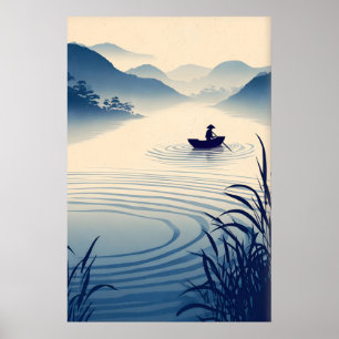 Rivier Landschap Muurkunst Minimalistisch Boot en Poster
