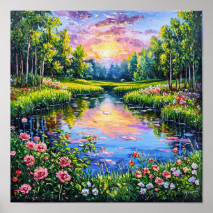 Rivier met Bloeiende Bloemen Landschapskunst Poster