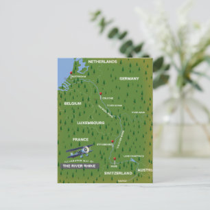 Rivier Rijn retro reis kaart. Ansichtkaart Briefkaart