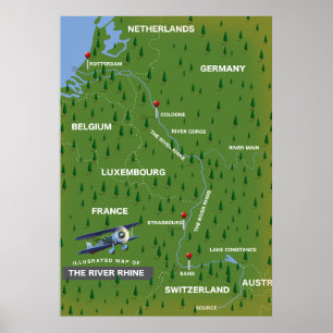 Rivier Rijn retro reis kaart. Poster