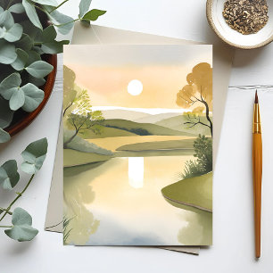Rivier Zonsopgang Waterverf Geel Briefkaart