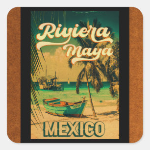 Riviera Maya Briefkaart Palm Tree Vintage Travel Vierkante Sticker