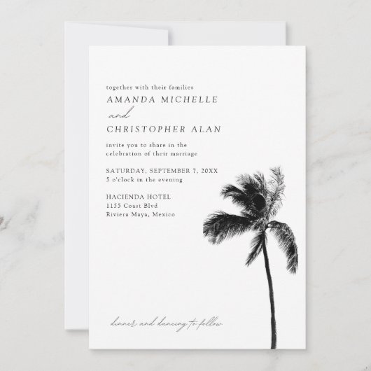 Riviera Maya Bruiloft Zwart & Wit Strand Palm Tree Kaart (Voorkant)