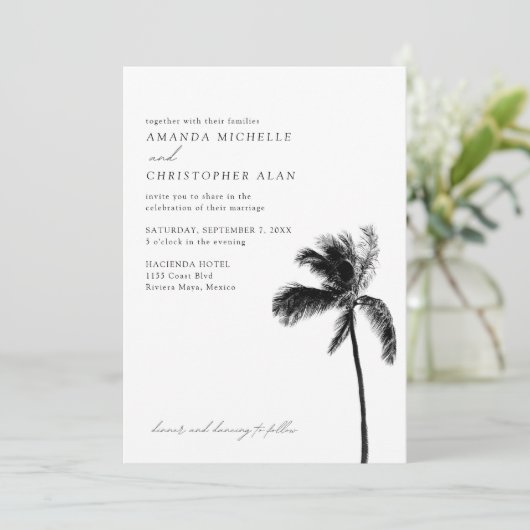 Riviera Maya Bruiloft Zwart & Wit Strand Palm Tree Kaart (Staand voorkant)