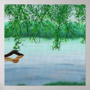 Rivierlandschap met bomen en een stam door Cheryl Poster