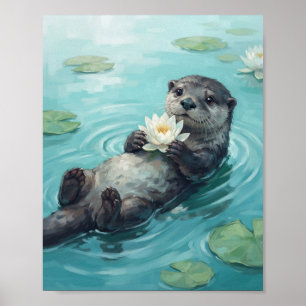 Rivierotter Drijvend met Waterlelie Waterverf Po Poster
