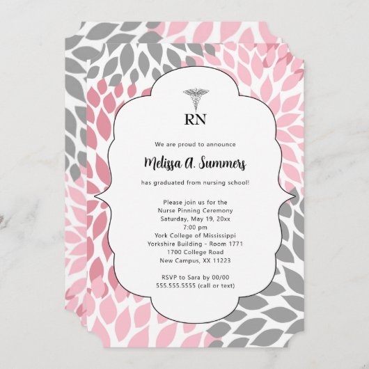 RN Infirmière cérémonie d'épingle invitations rose (Devant / Derrière)