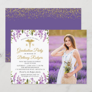 RN Nursing Afstuderen Gold Paars Floral Foto Kaart