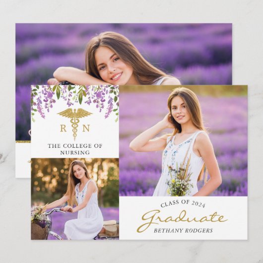 RN Nursing Floral Afstuderen 3 Fotoaankondiging Kaart (Voorkant / Achterkant)