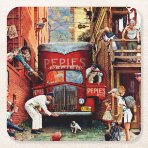 Road Block by Norman Rockwell Vierkante Kartonnen Onderzetter