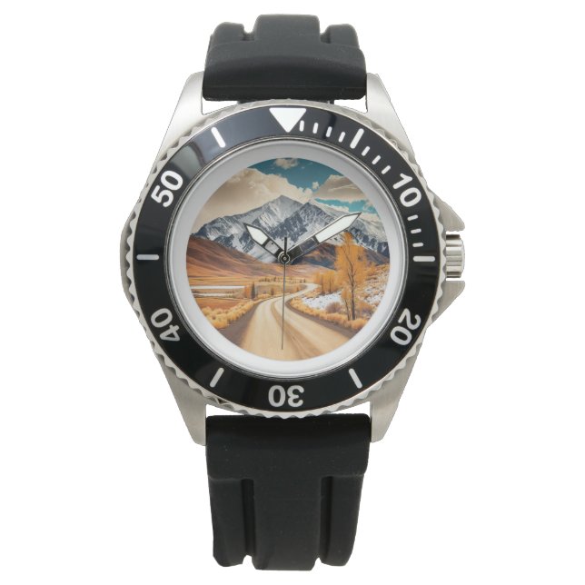 Road & Mountain Zwart  Lederen Horloge (Voorkant)