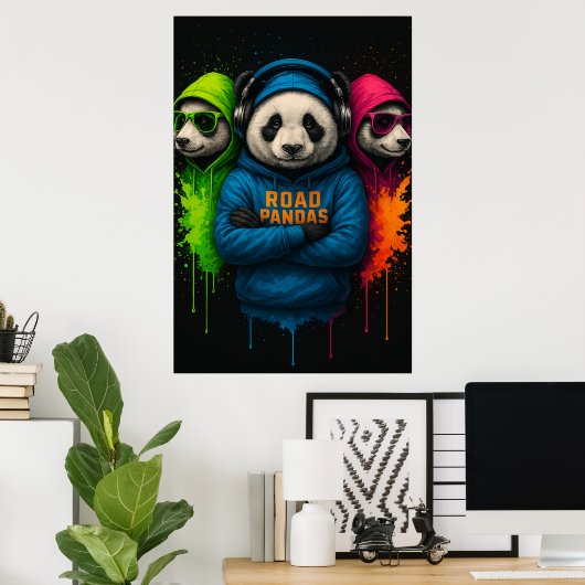Road Pandas Crew — Cool Urban Animal Art Poster (Thuiskantoor)
