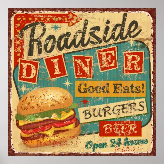 Roadside Diner metal-bord, diner, retro, v Poster (Voorkant)