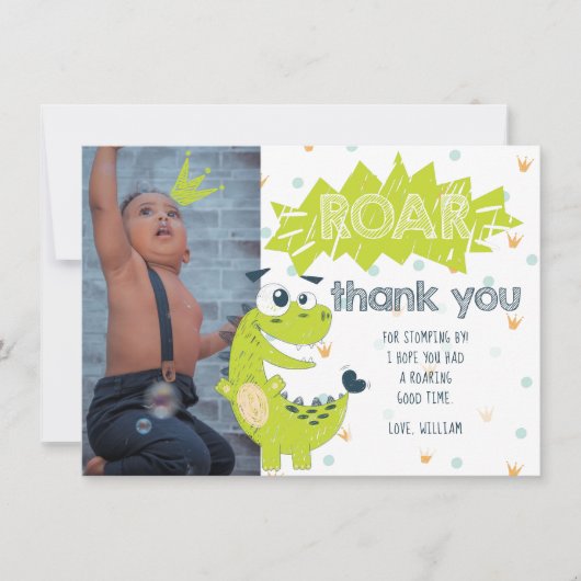 Roar Dinosaur Green Birthday Photo Carte de remerc (Devant)