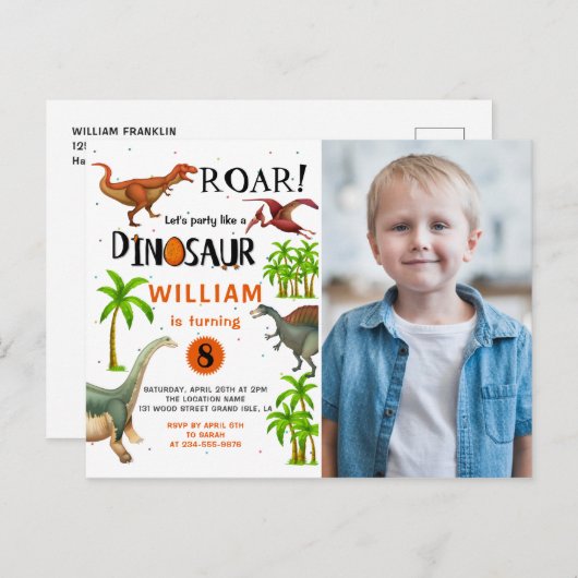 Roar Dinosaur Oerwoud Birthday Fotouitnodiging Briefkaart (Voorkant / Achterkant)