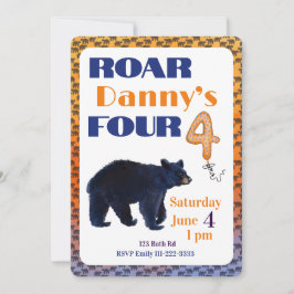 Roar Four Bear 4th Birthday Invitation Kaart