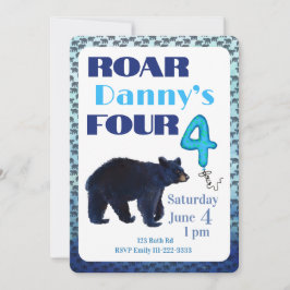 Roar Four Bear 4th Birthday Invitation Kaart