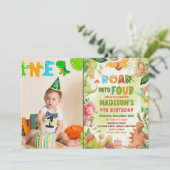 Roar Four Dinosaur Greenery 4e verjaardag foto Kaart (Staand voorkant)