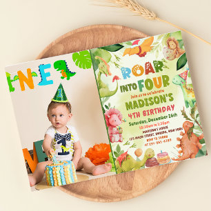 Roar Four Dinosaur Greenery 4e verjaardag foto Kaart