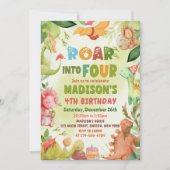 Roar In Vier Dinosaurus Groen 4e Verjaardag Kaart (Voorkant)