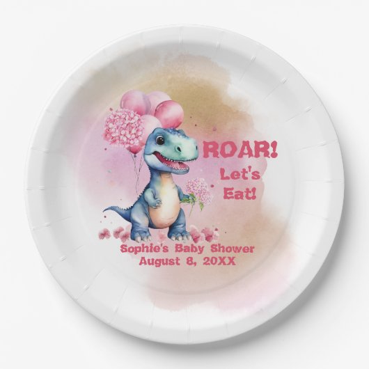 Roar It's A Girl T-Rex Baby Dinosaur Pink Papieren Bordje (Voorkant)