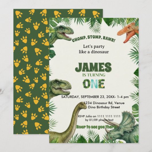 Roar-some Dinosaur 1st Birthday Invitation Kaart (Voorkant / Achterkant)