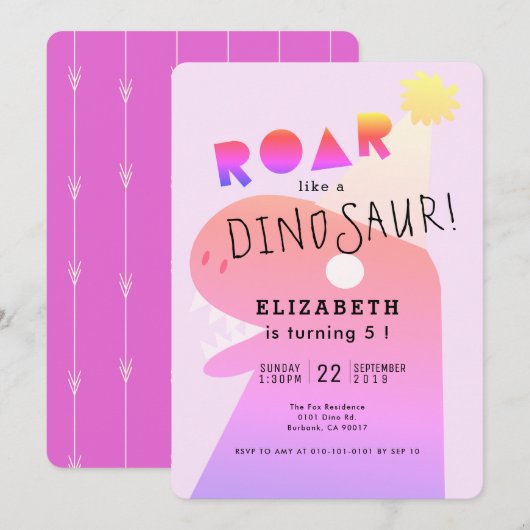 ROAR T-Rex Dinosaur Neon Pink Girl's Birthday Kaart (Voorkant / Achterkant)