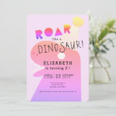 ROAR T-Rex Dinosaur Neon Pink Girl's Birthday Kaart (Staand voorkant)