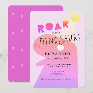 ROAR T-Rex Dinosaur Neon Pink Girl's Birthday Kaart