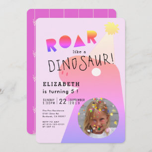 ROAR T-Rex Dinosaur Neon Pink Photo Girl Birthday Kaart