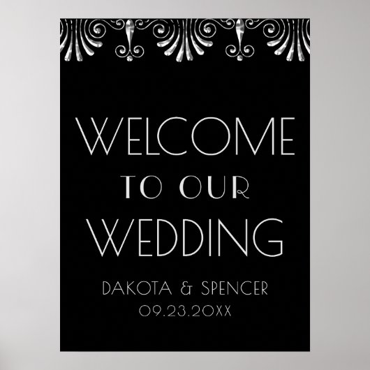 Roarin 20s Silver Black Art Deco Wedding Welcome Poster (Voorkant)