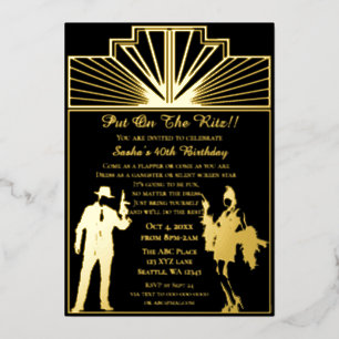 Roaring 20s art deco flapper girl en gangster folie uitnodiging