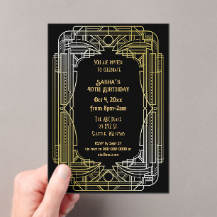 Roaring 20s art deco grote gatsby verjaardag acryl uitnodigingen