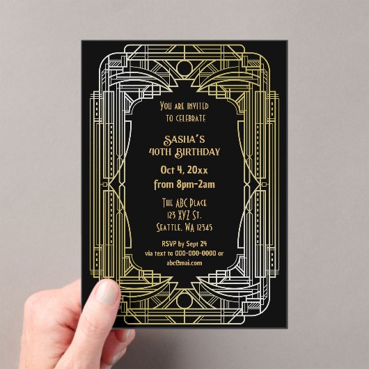 Roaring 20s art deco grote gatsby verjaardag acryl uitnodigingen (Insitu (Draagbaar))