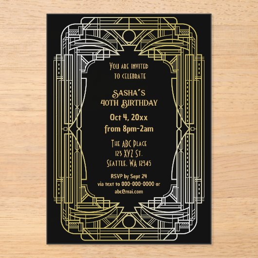 Roaring 20s art deco grote gatsby verjaardag acryl uitnodigingen (Voorkant)