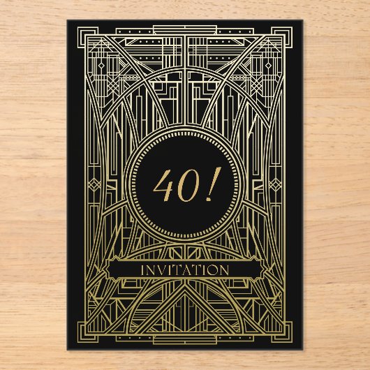 Roaring 20s art deco grote gatsby verjaardag acryl uitnodigingen (Voorkant)